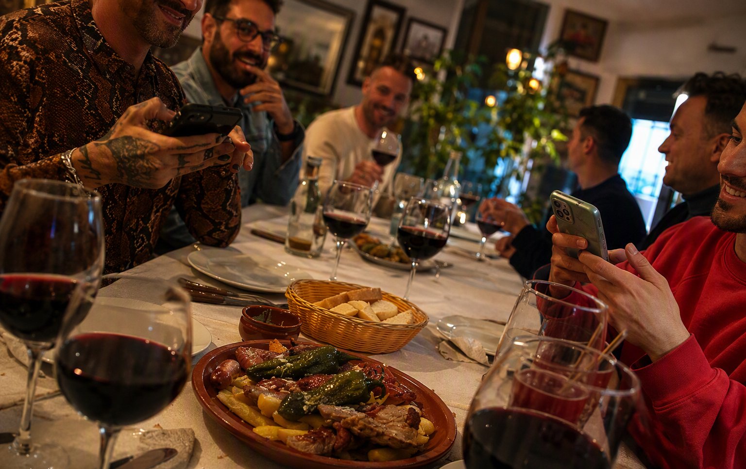 Friends sharing a parrillada and red wine at Calvente